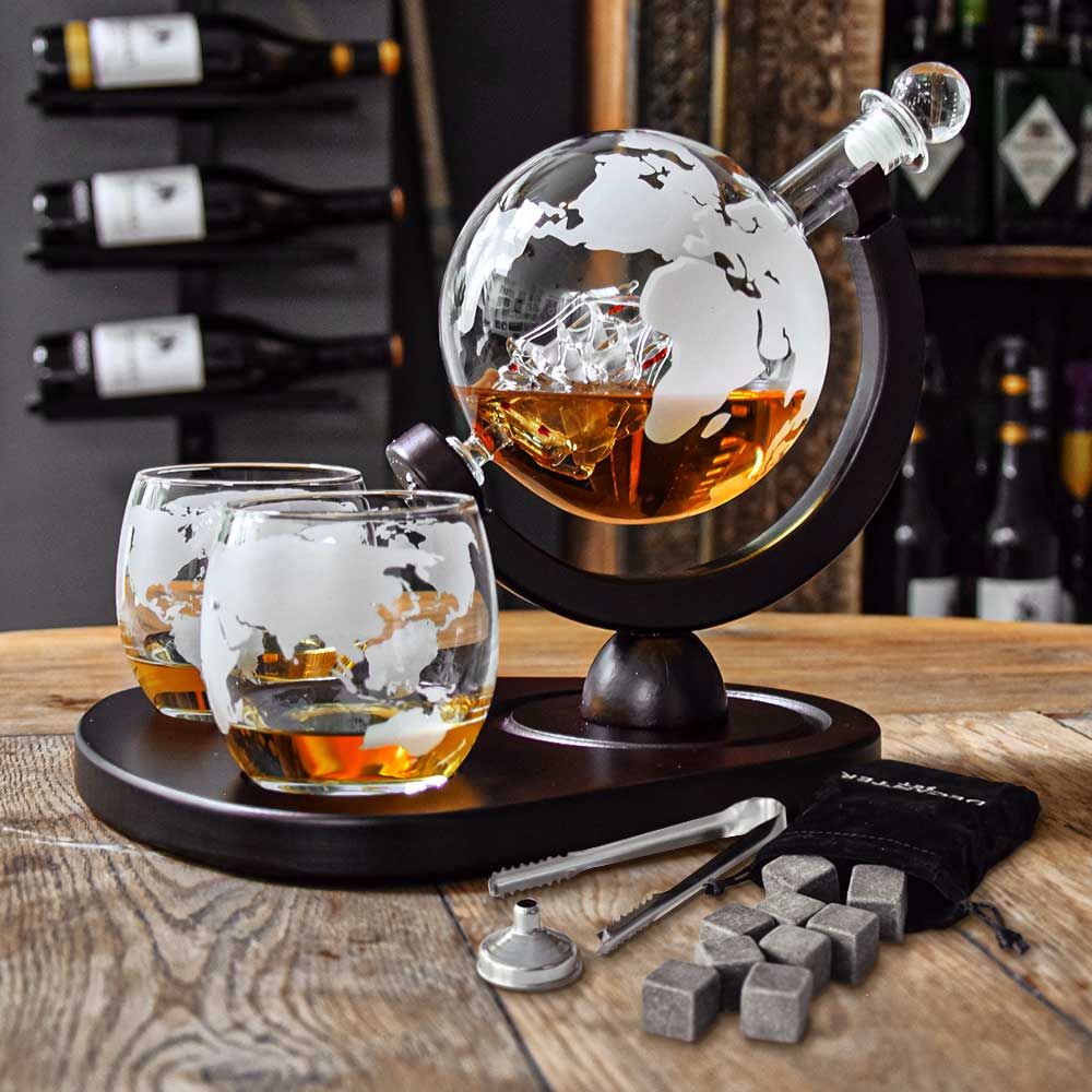 Whiskey decanter set with globe design, including 850ml decanter, 2 glasses, stones, stand, and funnel.