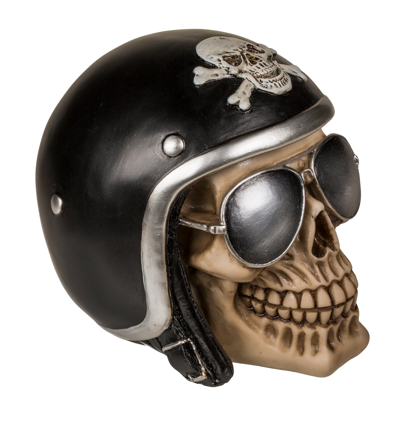 Polyresin Skull Saving Bank -Skull with black motorcycle helmet & sunglasses