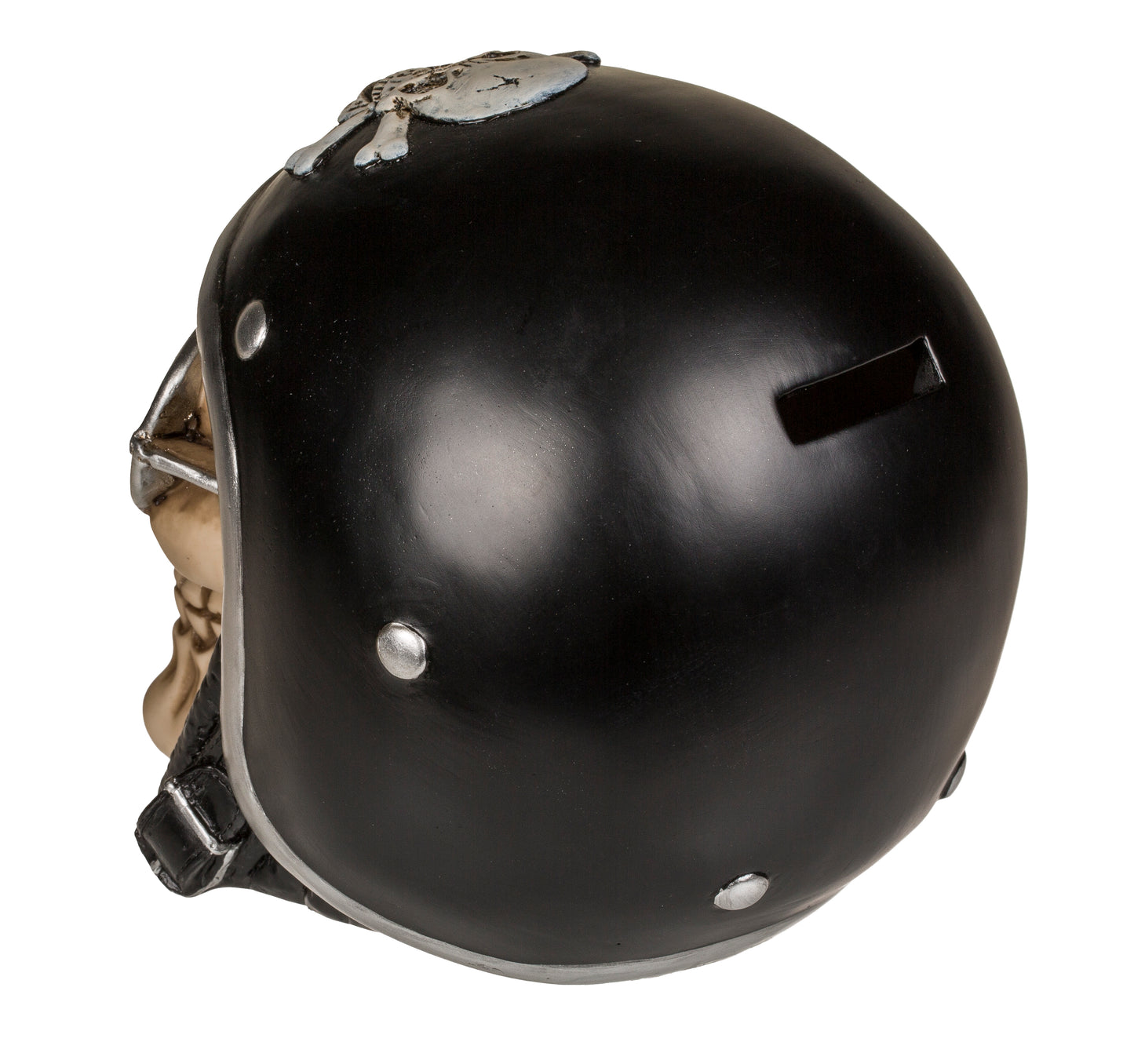 Polyresin Skull Saving Bank -Skull with black motorcycle helmet & sunglasses