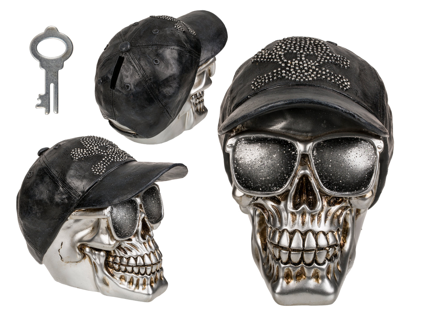 Polyresin Skull Saving Bank - Silver Skull with Sunglasses & Cap Money Bank