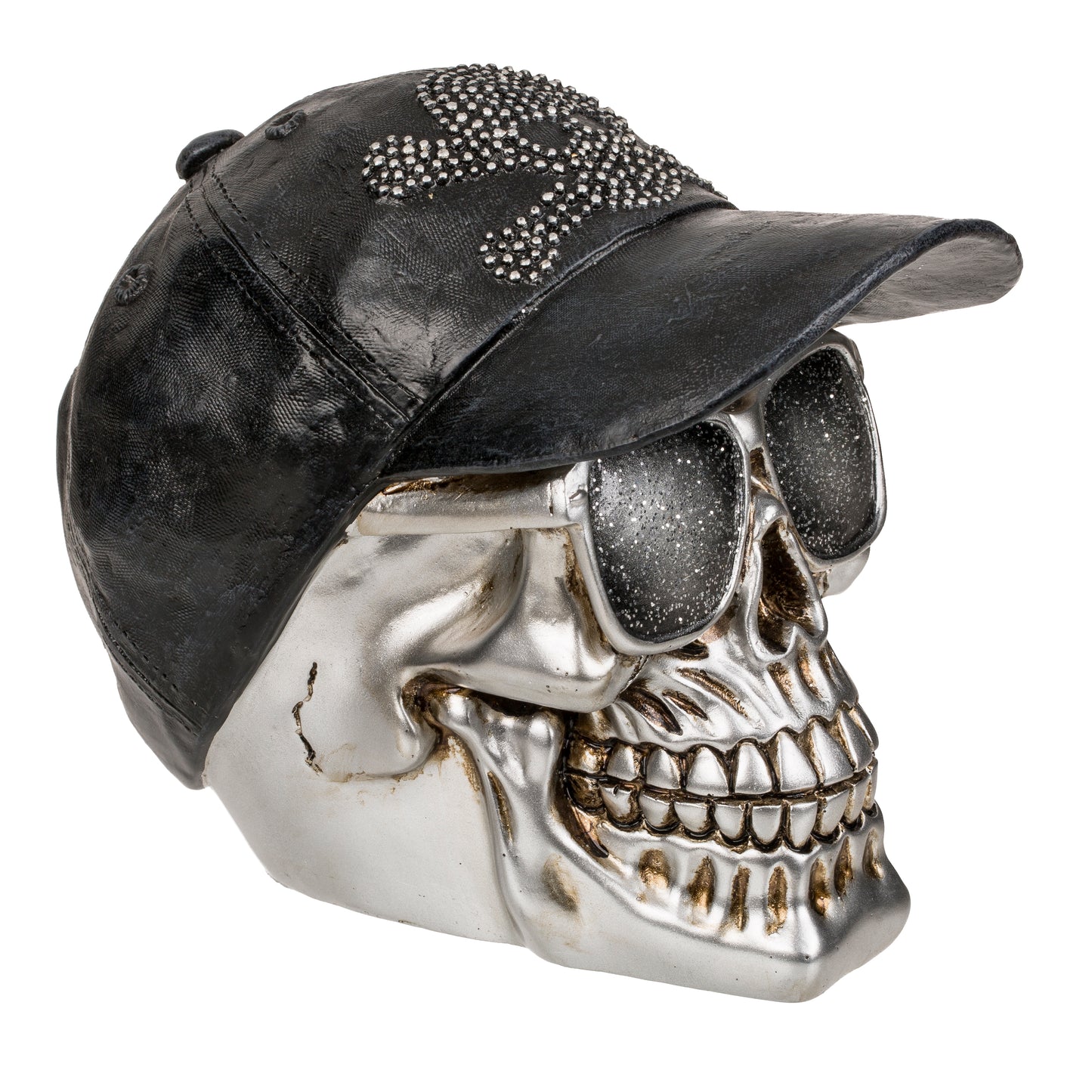 Polyresin Skull Saving Bank - Silver Skull with Sunglasses & Cap Money Bank