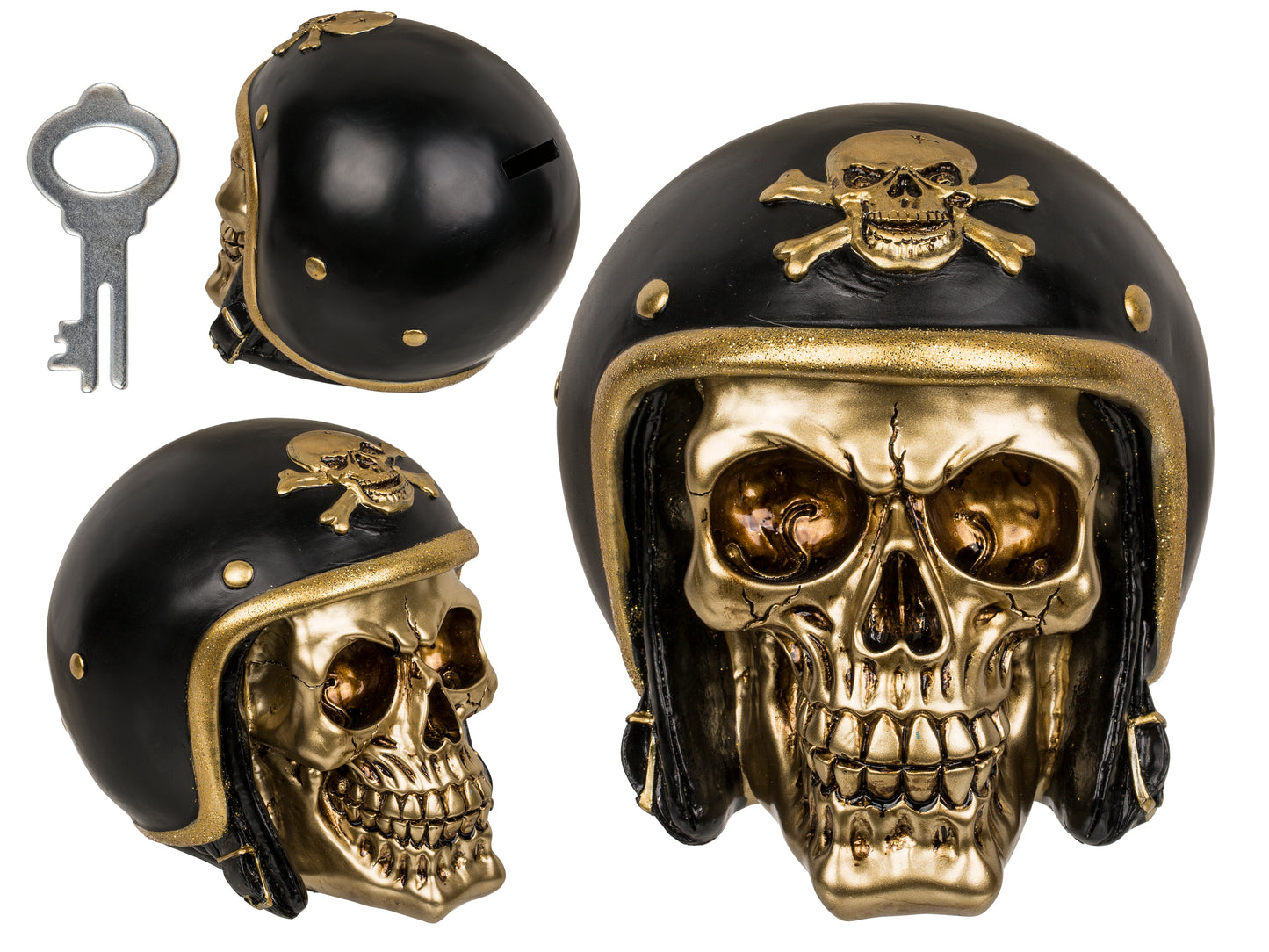 Polyresin Skull Saving Bank - Gold Skull with Bike Helmet Money Bank