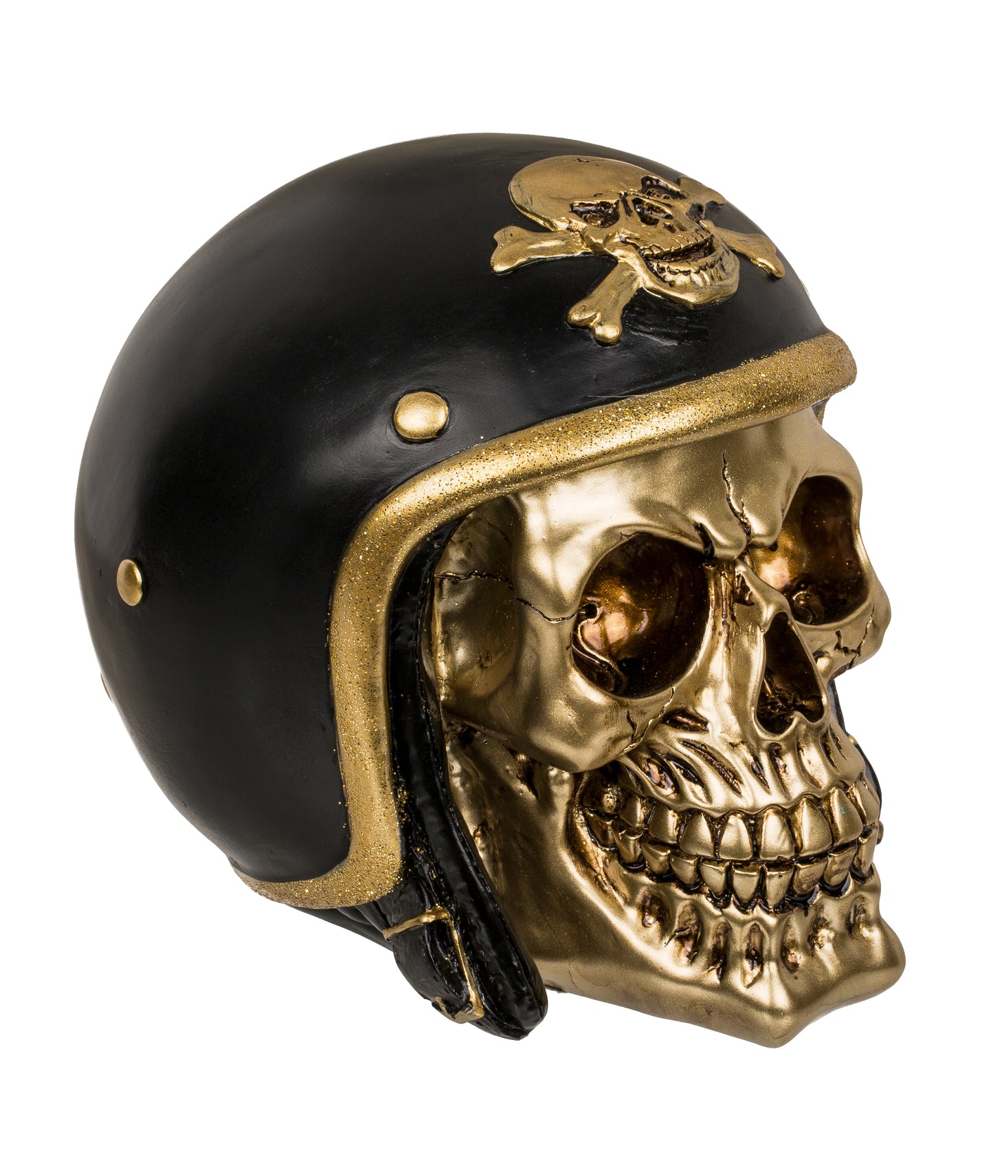 Polyresin Skull Saving Bank - Gold Skull with Bike Helmet Money Bank