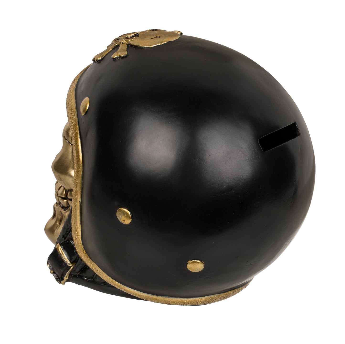 Polyresin Skull Saving Bank - Gold Skull with Bike Helmet Money Bank