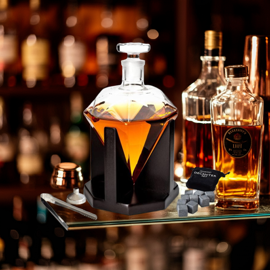 Diamond Decanter Set - with Whiskey Stones, Funnel, & Tongs