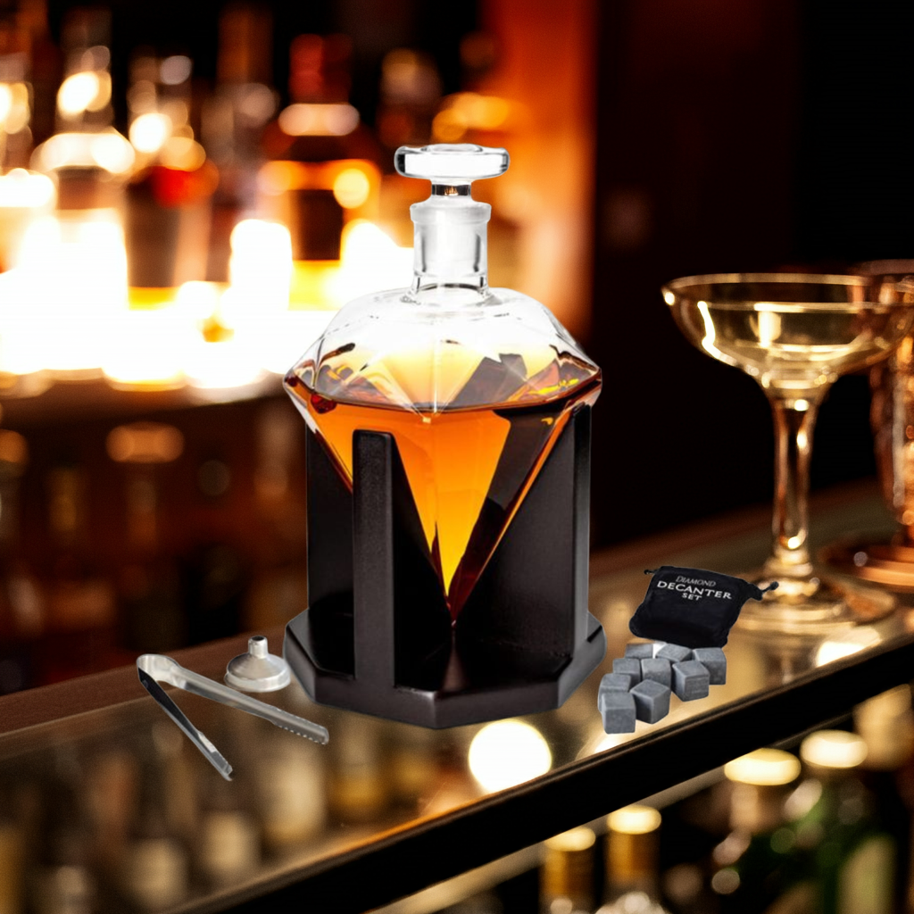 Diamond Decanter Set - with Whiskey Stones, Funnel, & Tongs