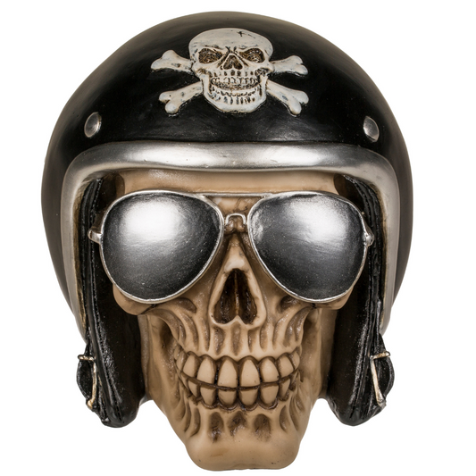 Polyresin Skull Saving Bank -Skull with black motorcycle helmet & sunglasses