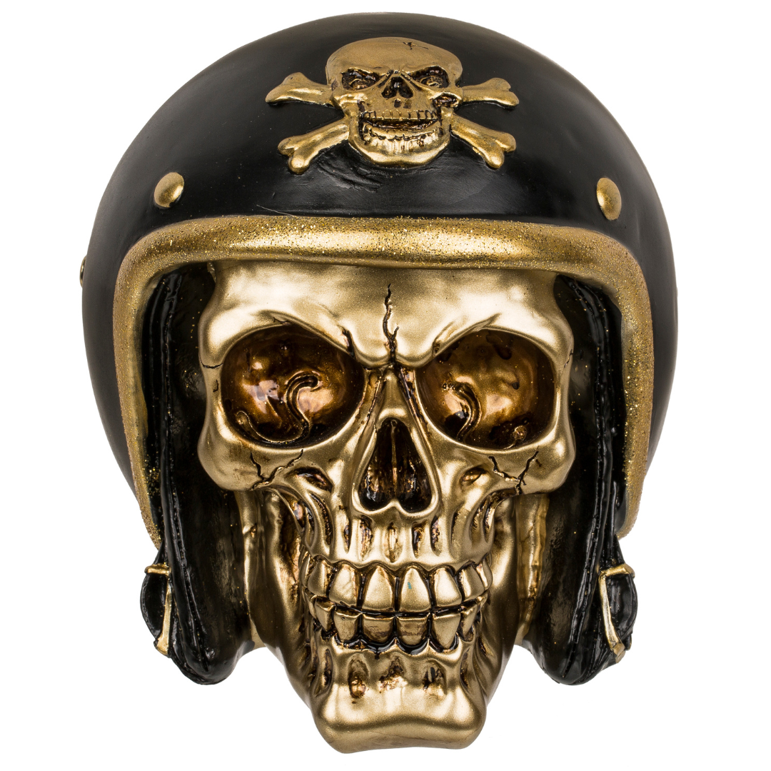 Polyresin Skull Saving Bank - Gold Skull with Bike Helmet Money Bank