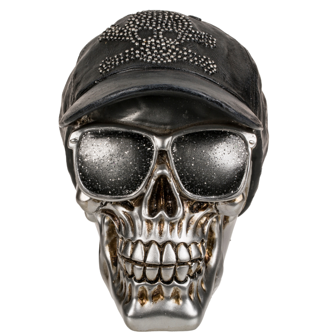 Polyresin Skull Saving Bank - Silver Skull with Sunglasses & Cap Money Bank