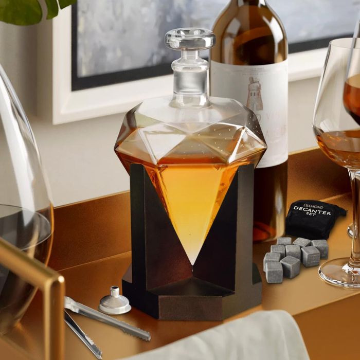 Diamond Decanter Set - with Whiskey Stones, Funnel, & Tongs