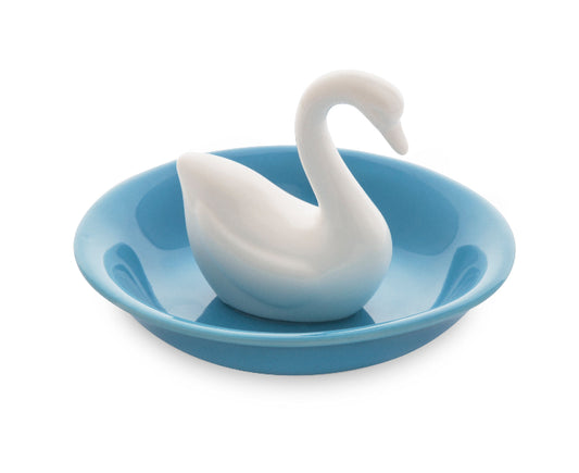 Jewellery Organizer - White and Blue Ceramic Swan Lake Ring holder - 10cm