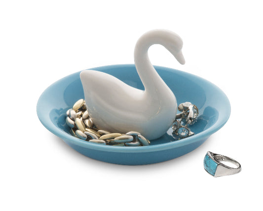 Jewellery Organizer - White and Blue Ceramic Swan Lake Ring holder - 10cm