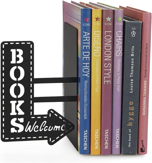 Black metal bookshop bookend designed as miniature row of books to support and decorate shelves