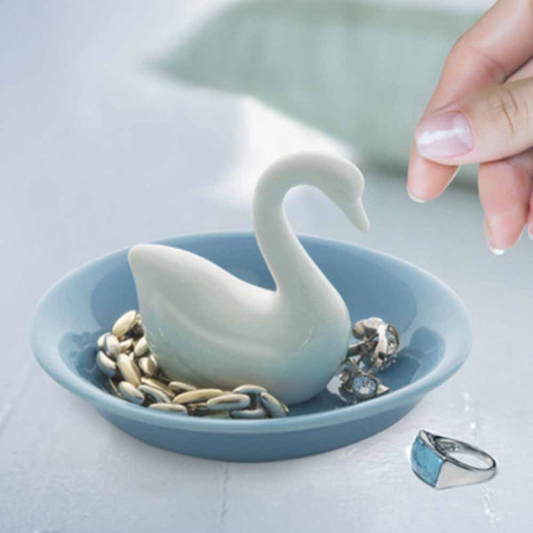Jewellery Organizer - White and Blue Ceramic Swan Lake Ring holder - 10cm