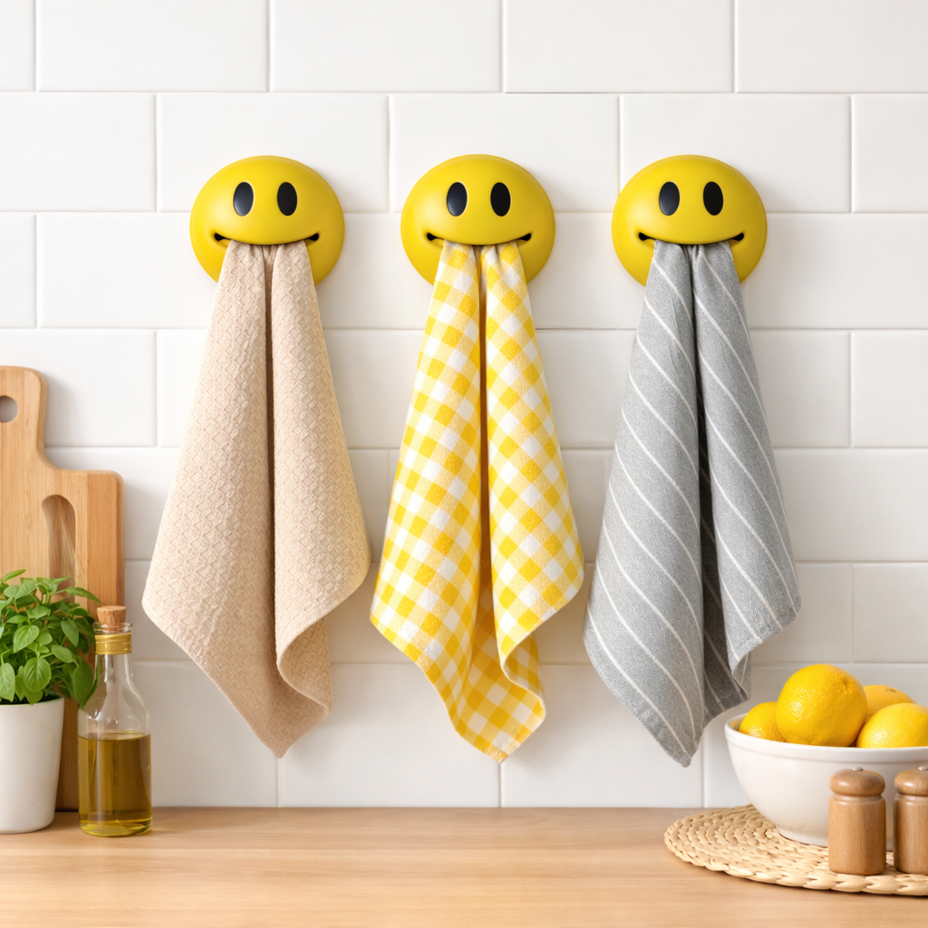 Smile Cloth Holder Set (3pcs) – Self-Adhesive Kitchen & Bathroom Towel Clips